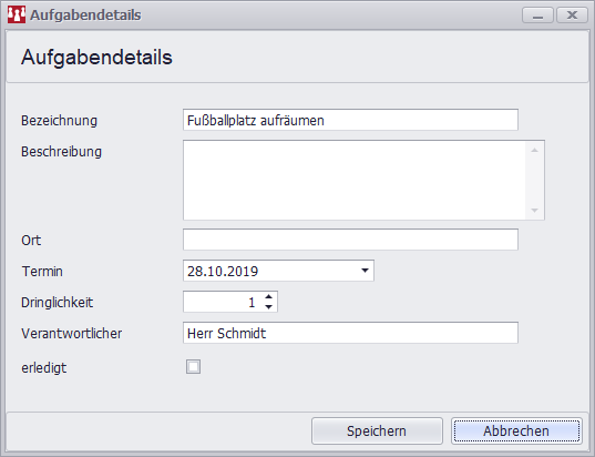 Sie können eine genaue Beschreibung hinterlegen und einen Verantwortlichen bestimmen. Die Dringlichkeit zeigt Ihnen wie wichtig die Erfüllung einer Tätigkeit ist. Ist die Aufgabe erledigt, können Sie einfach einen Haken setzen.