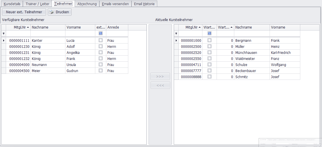 Der Reiter "Teilnehmer" bietet die Möglichkeit kinderleicht Teilnehmer aus Ihrem Bestand in den Kurs aufzunehmen.