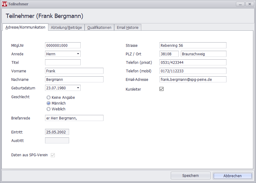 Die Details zeigen im ersten Reiter die Adress- und Kommunikationsdaten. Hier sehen Sie außerdem ob es sich um ein Mitglied aus Ihrem SPG-Verein Bestand handelt oder ob dieser Teilnehmer als externes Mitglied erst in SPG-Kurs angelegt wurde.