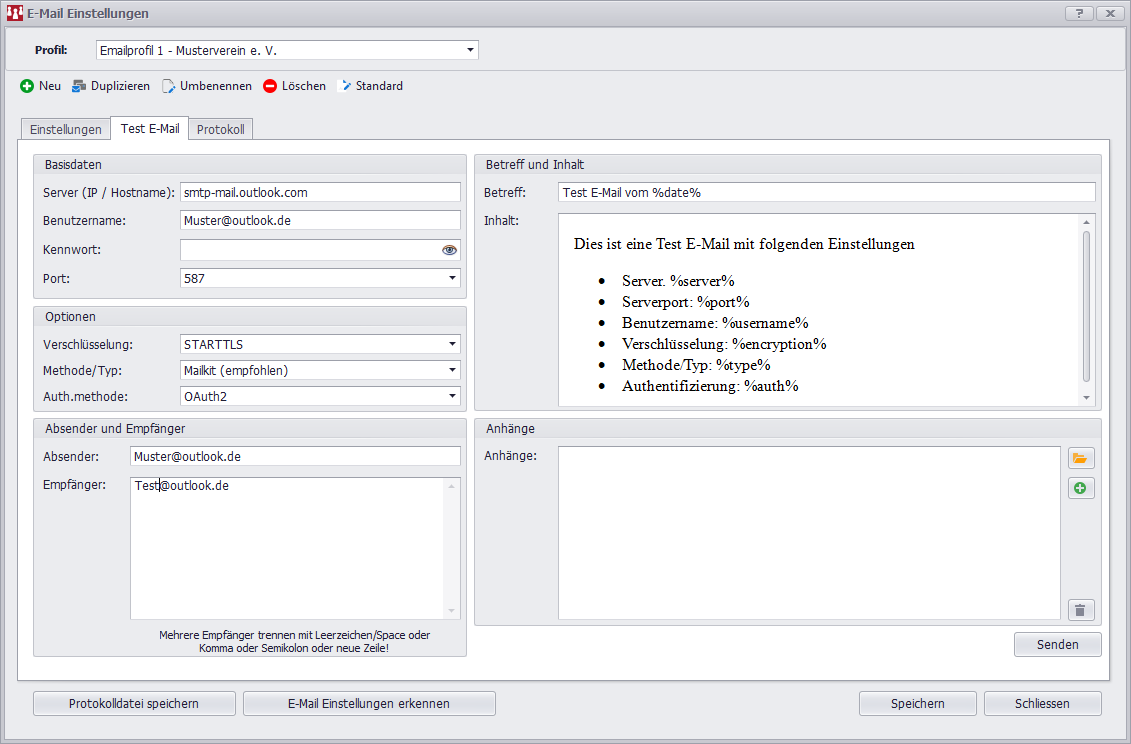 Screenshot: Test-E-Mail-Funktion in den E-Mail-Einstellungen von SPG-Verein
