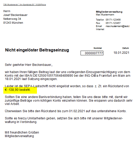 Brief Rücklastschrift an das Mitglied