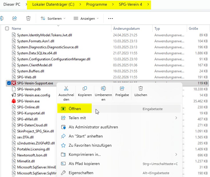 Support-Tool (Support.exe) im Dateiexplorer