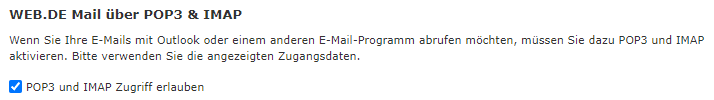Web.de: POP3/IMAP-Zugriff erlauben